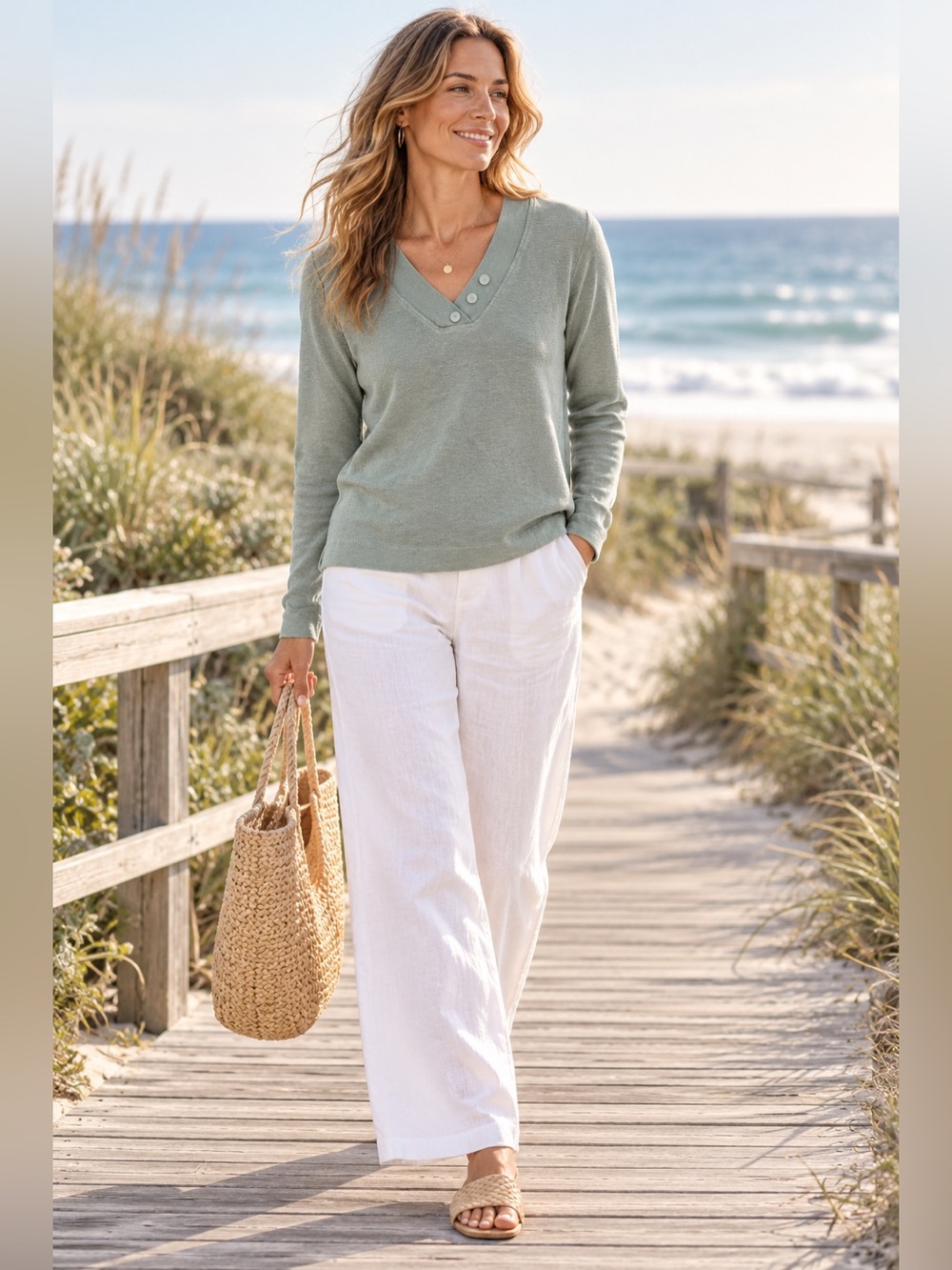 Hot Cotton by Marc Ware Cotton Waffle Knit Log Sleeve Top Medium Lagenlook
